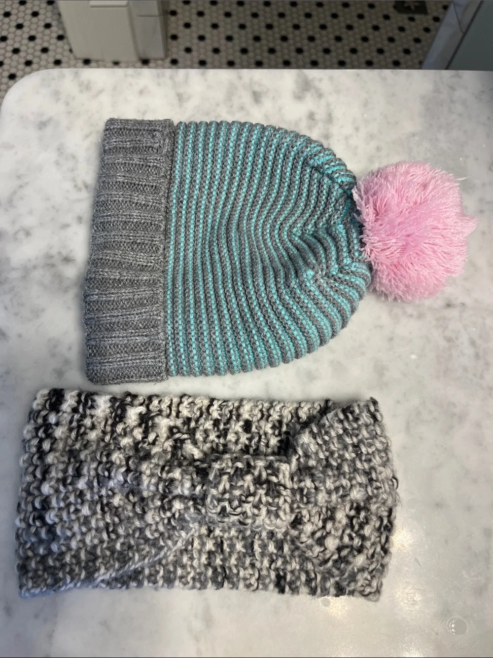 Kids Mint & Gray Knit Beanie with Pink Pom and cozy head band